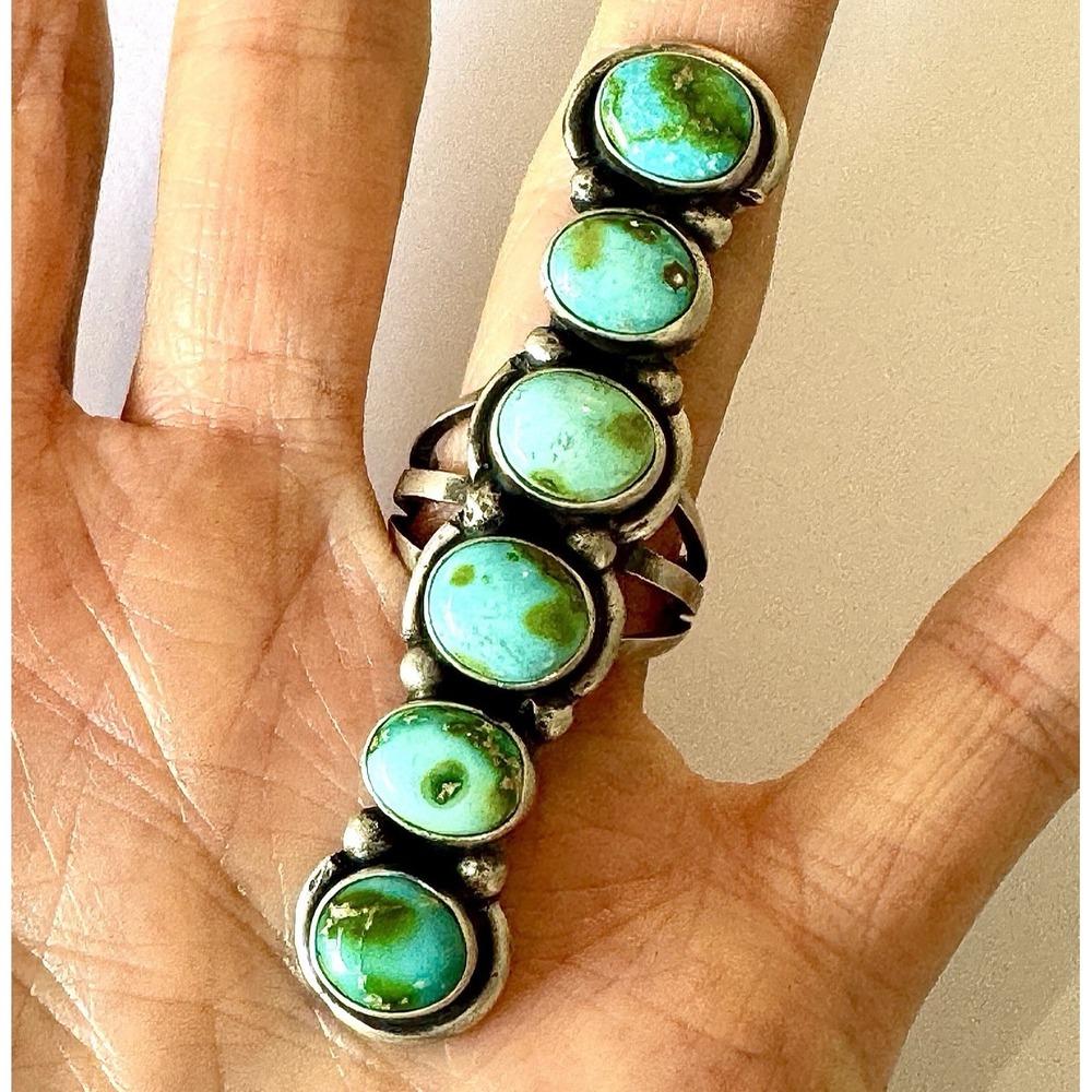 Navajo Long Turquoise Ring Sz 8 Six Stone Signed Randy Billy Sterling Native